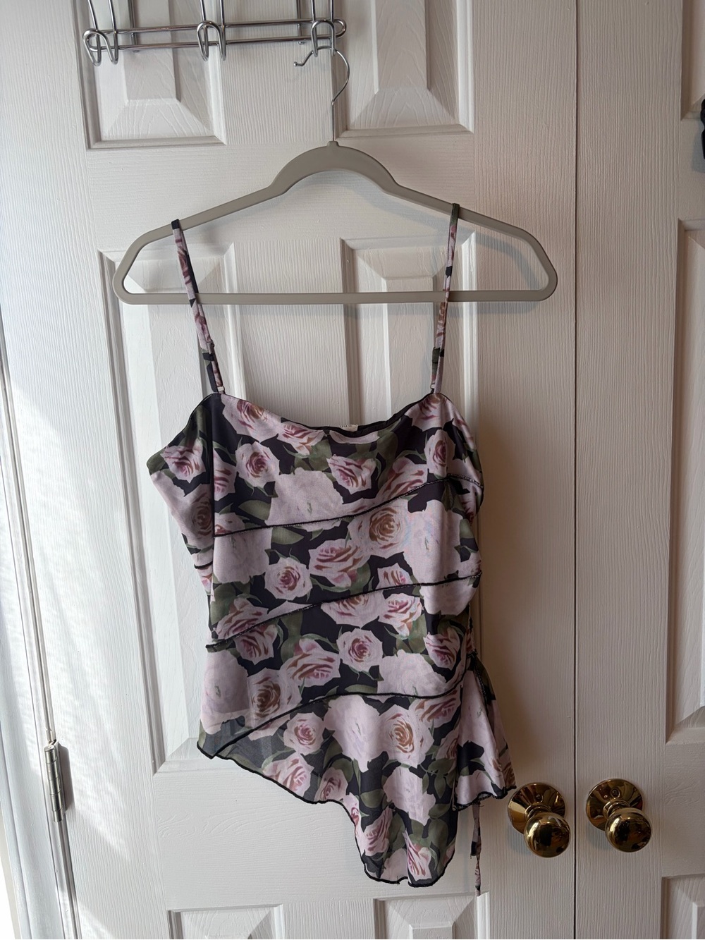Floral Asymmetrical Pink and Black Camisole Tank Top
